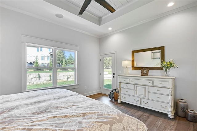 24932 W 98th Pl, Lenexa, KS 66227 - bedroom featuring access to exterior, dark wood finished floors, crown molding, recessed lighting, and ceiling fan