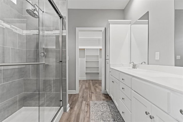 full bathroom featuring wood finished floors, a sink, a spacious closet, a shower stall, and double vanity