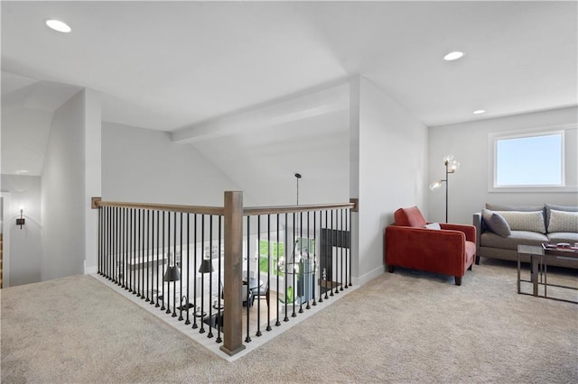 hall featuring vaulted ceiling with beams, baseboards, carpet flooring, and recessed lighting