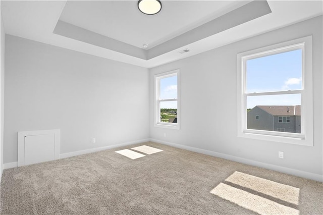 empty room featuring carpet floors, a raised ceiling, visible vents, and baseboards