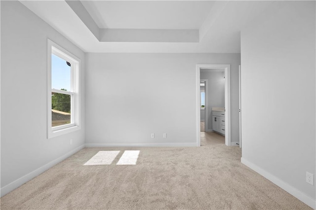 spare room with baseboards, a raised ceiling, and light colored carpet