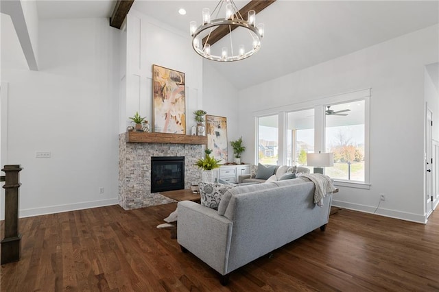 living room with high vaulted ceiling, a fireplace, beamed ceiling, dark hardwood / wood-style flooring, and an inviting chandelier