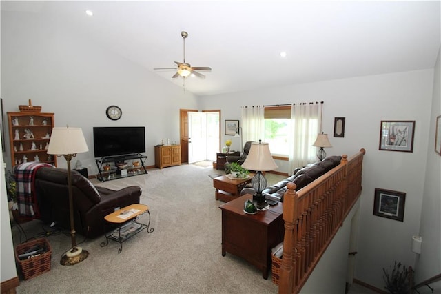 living area with light carpet, high vaulted ceiling, a ceiling fan, and recessed lighting