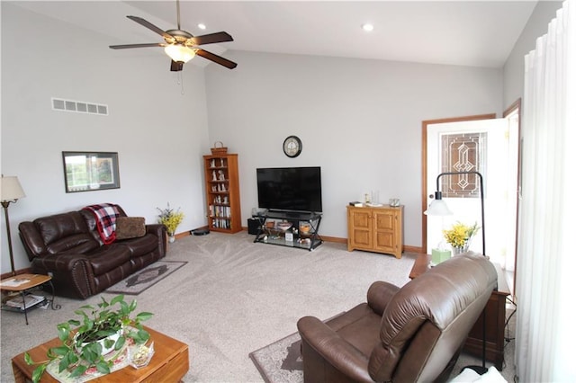 living room with carpet, visible vents, baseboards, and recessed lighting