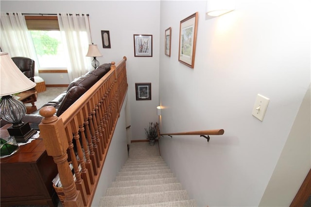 stairs featuring carpet floors and baseboards