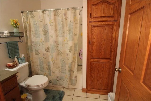 bathroom with shower / tub combo with curtain, toilet, a baseboard heating unit, vanity, and tile patterned flooring