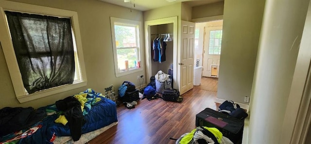 bedroom featuring hardwood / wood-style flooring and a closet