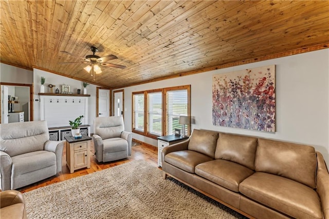 living room featuring wood ceiling, light hardwood / wood-style flooring, ceiling fan, ornamental molding, and vaulted ceiling