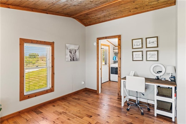 office area featuring lofted ceiling, wood ceiling, and light hardwood / wood-style floors