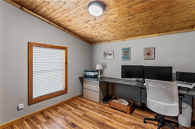 office space featuring lofted ceiling, light hardwood / wood-style floors, and wooden ceiling