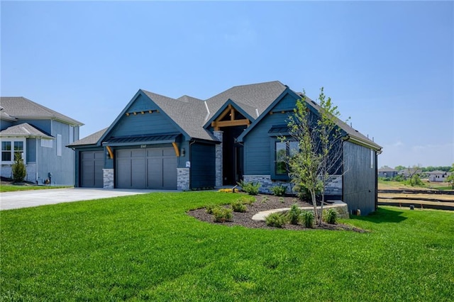 craftsman-style house featuring concrete driveway, a garage, a front lawn, and stone siding