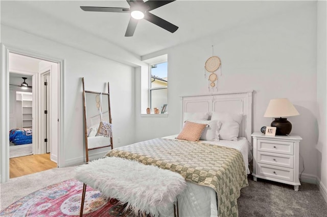 carpeted bedroom featuring ceiling fan and a walk in closet