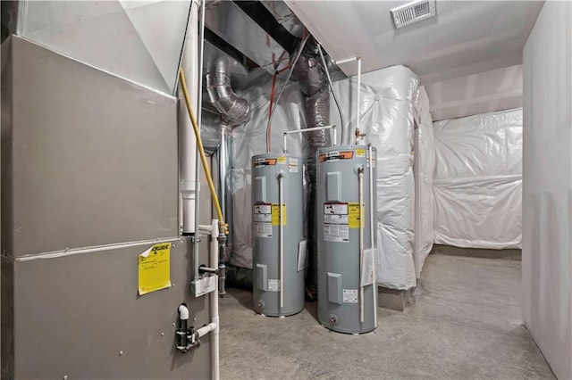 utility room featuring heating unit and water heater