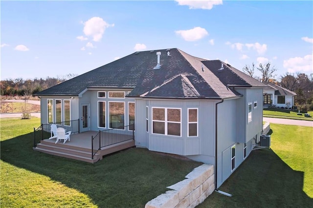 1600 SW 27th St, Lees Summit, MO 64082 - rear view of property with a wooden deck, a lawn, and roof with shingles