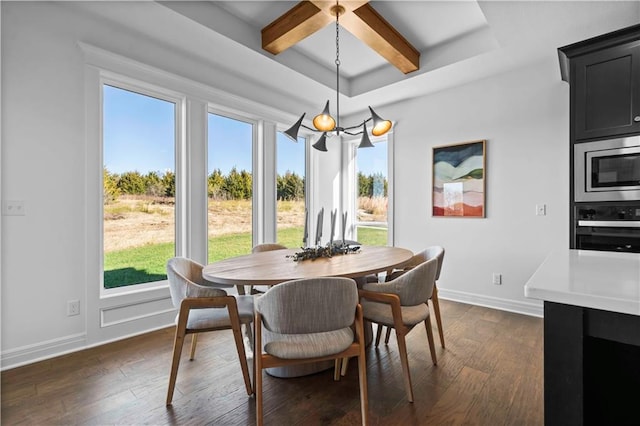 dining room with coffered ceiling, dark wood-type flooring, and beam ceiling