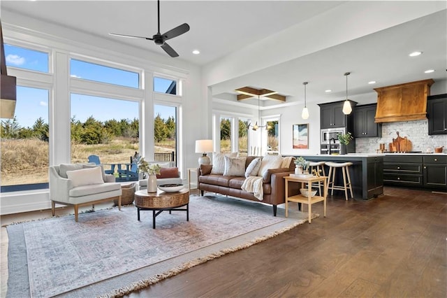 living room with ceiling fan and dark hardwood / wood-style flooring