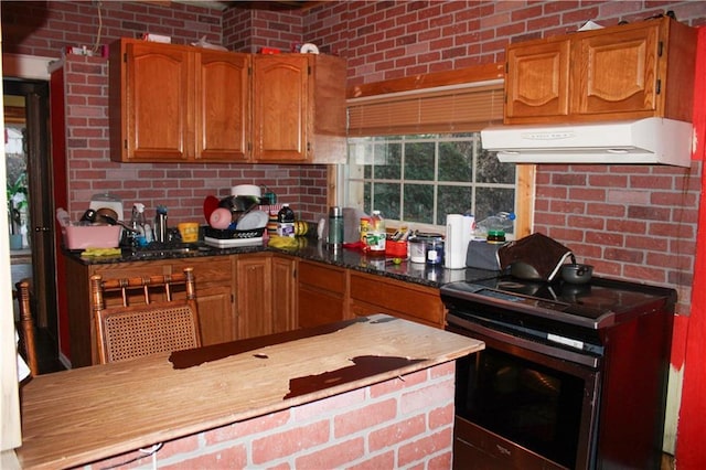 kitchen featuring range hood, dark stone countertops, and stainless steel electric range oven