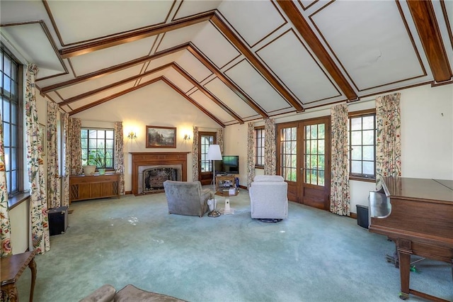 carpeted living room featuring lofted ceiling and french doors