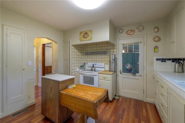 kitchen featuring white range with electric cooktop, dark hardwood / wood-style floors, range hood, and tasteful backsplash