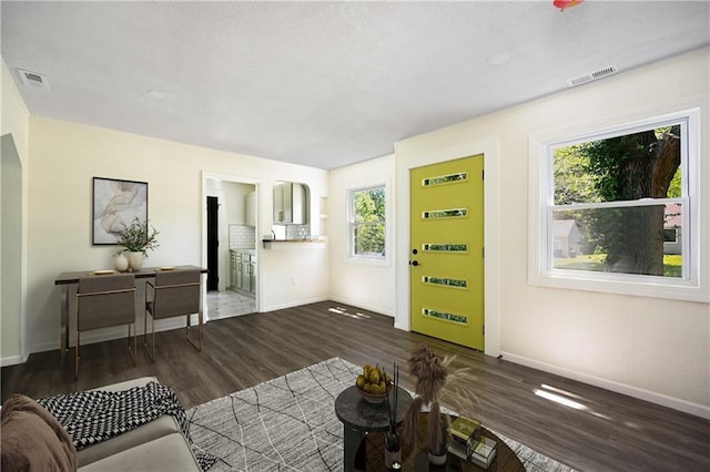 living room featuring dark wood-type flooring