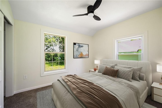 carpeted bedroom featuring ceiling fan and a closet