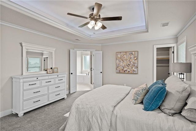 carpeted bedroom featuring a tray ceiling, ceiling fan, a spacious closet, and ornamental molding