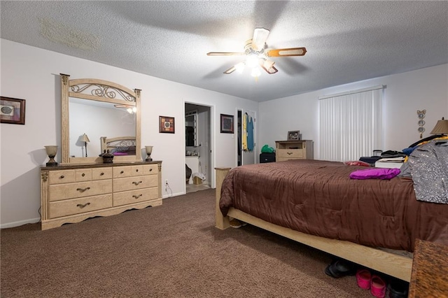 carpeted bedroom featuring ceiling fan, a textured ceiling, and connected bathroom