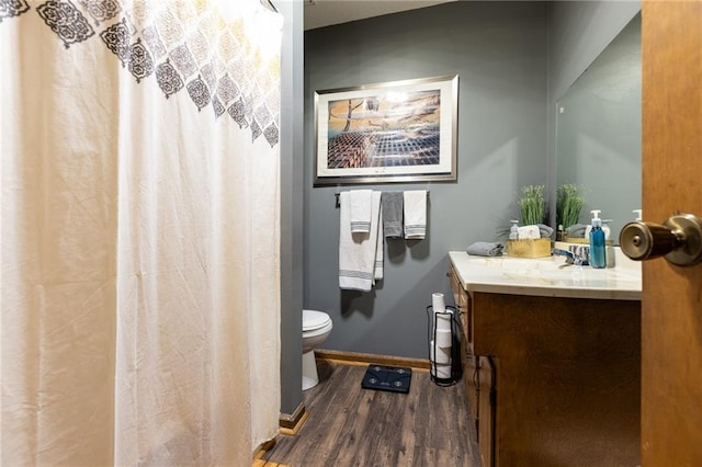 bathroom featuring toilet, vanity, and wood-type flooring