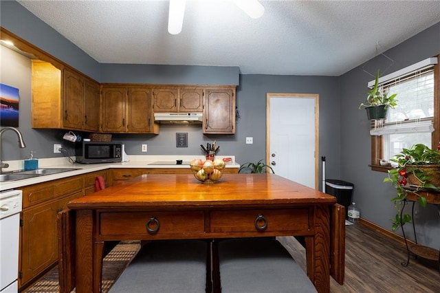 kitchen featuring black electric stovetop, dark hardwood / wood-style floors, white dishwasher, a textured ceiling, and sink