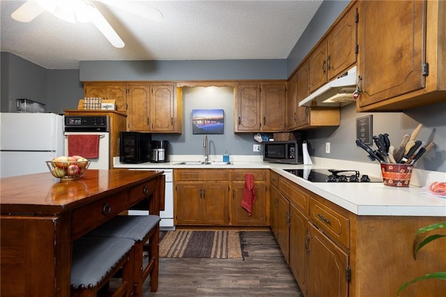 kitchen featuring ceiling fan, sink, white appliances, dark wood-type flooring, and a textured ceiling