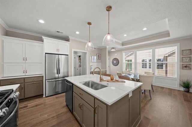 kitchen with white cabinets, sink, appliances with stainless steel finishes, a tray ceiling, and decorative light fixtures