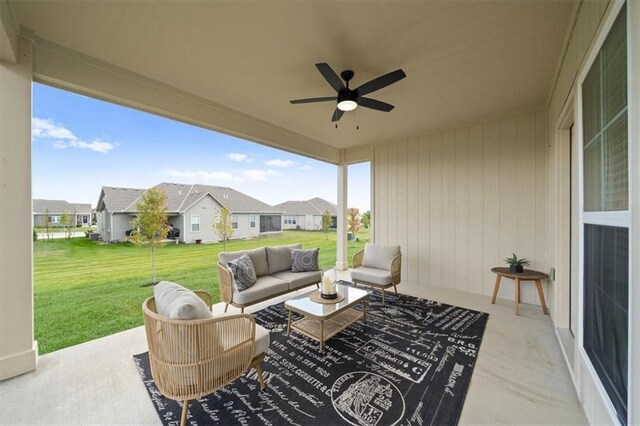 view of patio / terrace featuring ceiling fan and an outdoor hangout area