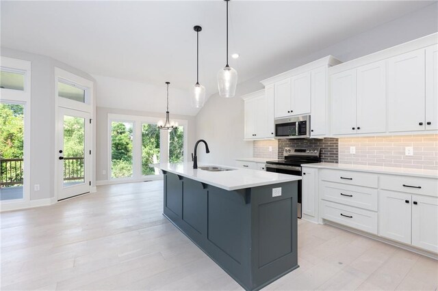 kitchen featuring white cabinetry, a kitchen island with sink, backsplash, stainless steel appliances, and sink