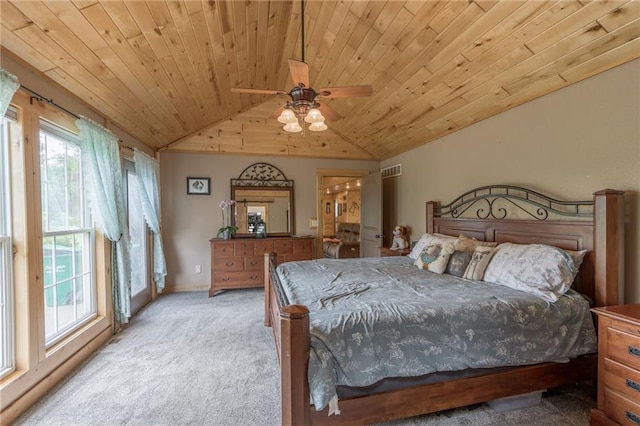 bedroom with ceiling fan, light colored carpet, wooden ceiling, and vaulted ceiling