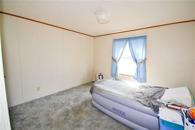 bedroom with crown molding and carpet flooring