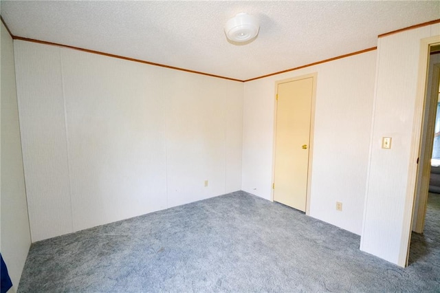 carpeted empty room with crown molding and a textured ceiling