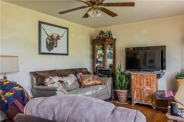 living room with dark wood-type flooring and ceiling fan