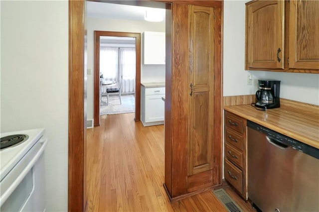 kitchen with light wood-style floors, brown cabinetry, white electric stove, and stainless steel dishwasher