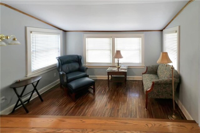 living area with wood-type flooring, vaulted ceiling, crown molding, and plenty of natural light