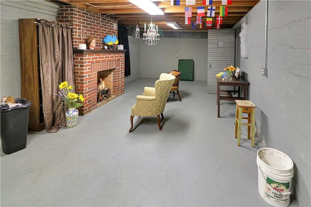 basement with a brick fireplace