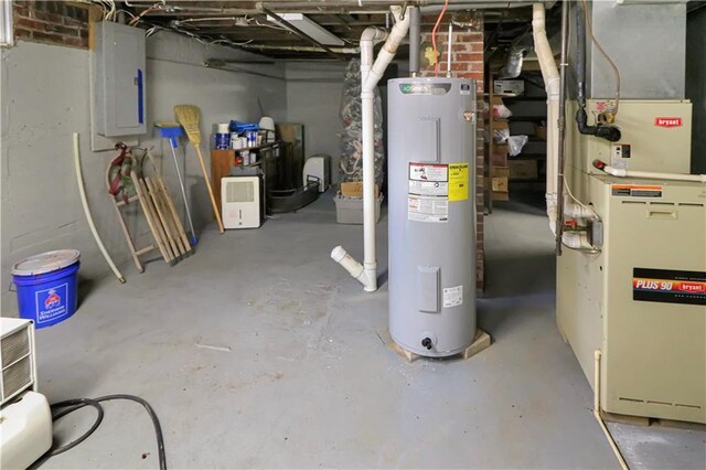 utility room with electric water heater, electric panel, and heating unit