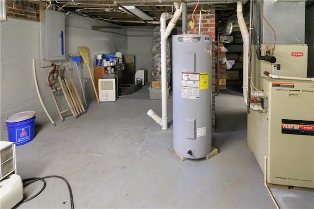 unfinished basement featuring electric panel, electric water heater, and heating unit