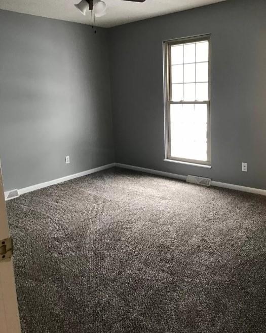 carpeted spare room with ceiling fan