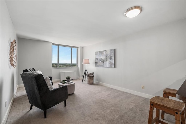 sitting room featuring light colored carpet