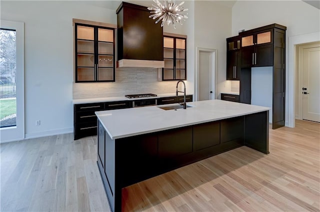 kitchen featuring plenty of natural light, custom range hood, sink, and a kitchen island with sink