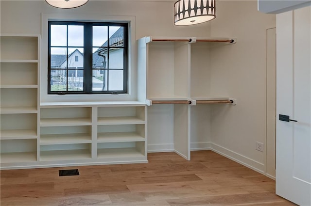 walk in closet with light wood-type flooring