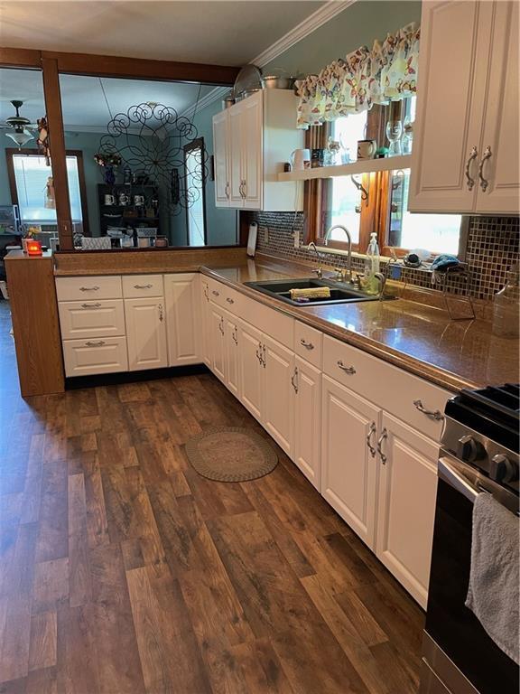 kitchen featuring white cabinets, stainless steel gas stove, and sink