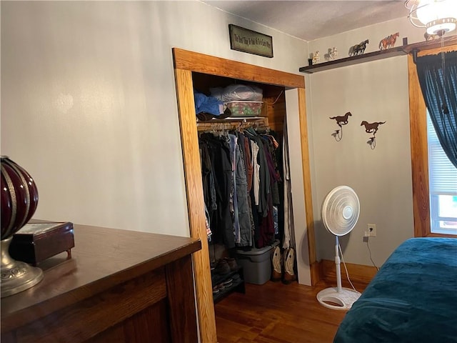 bedroom featuring dark hardwood / wood-style flooring and a closet