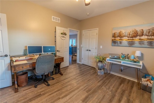 office area with hardwood / wood-style flooring