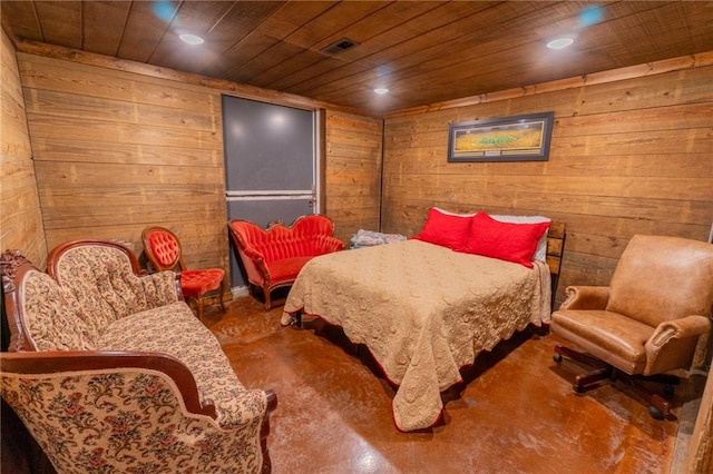 bedroom with wooden ceiling and wooden walls